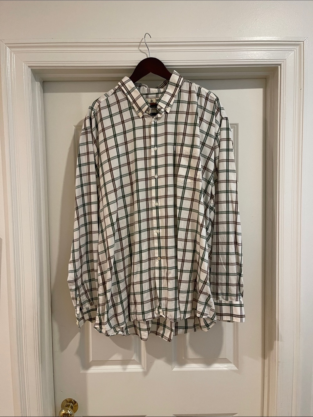 Barbour White Plaid Button-Down Shirt with Green and Brown Stripes